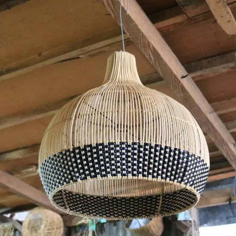 Body Color: Green, Size: L - Vintage Rattan Pendant Lights Hand-woven Rattan Hanging Lamp Lights for Living Room Decoration Dining Room Lamps E27 Suspension