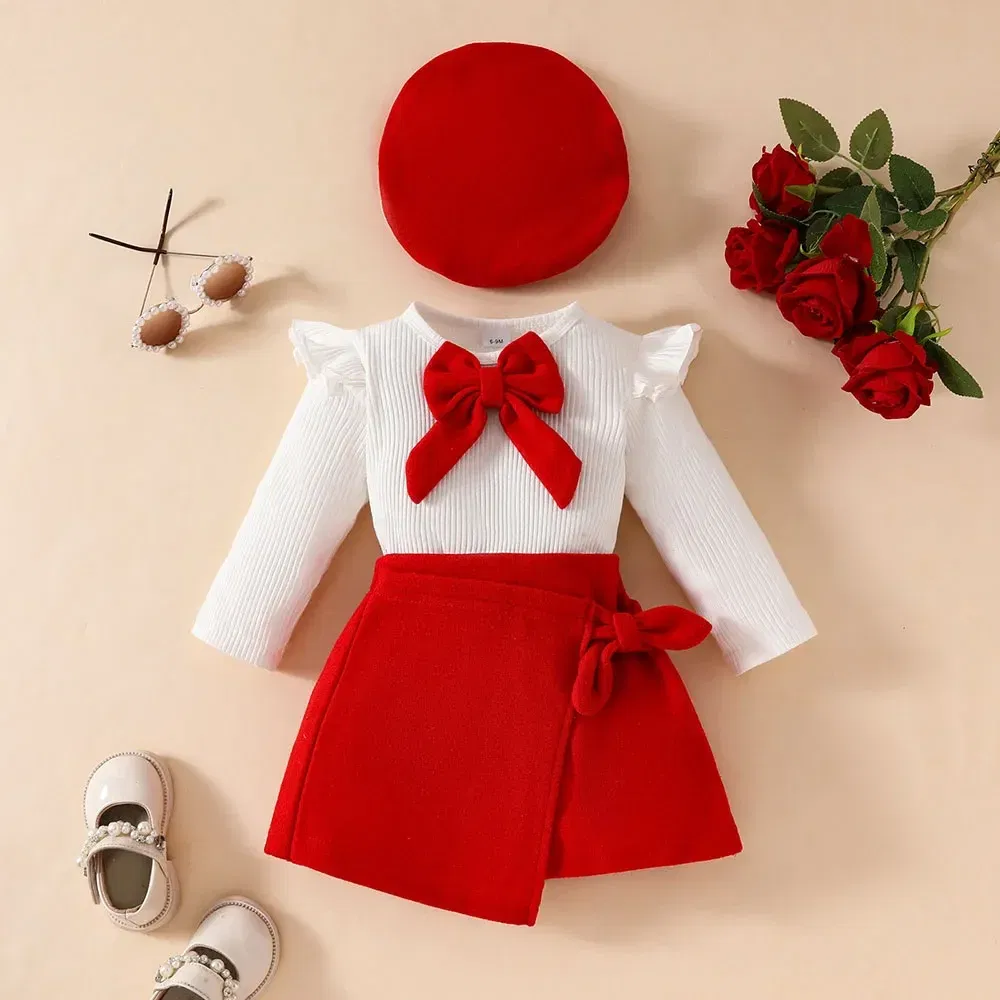 Color: WHITE, Kid Size: 9M - Baby Girls Clothes New Year Set 0-3Y Long Sleeve Big Bow Top Irregular Skirt and Beret 3Pcs Toddler Christmas Clothes