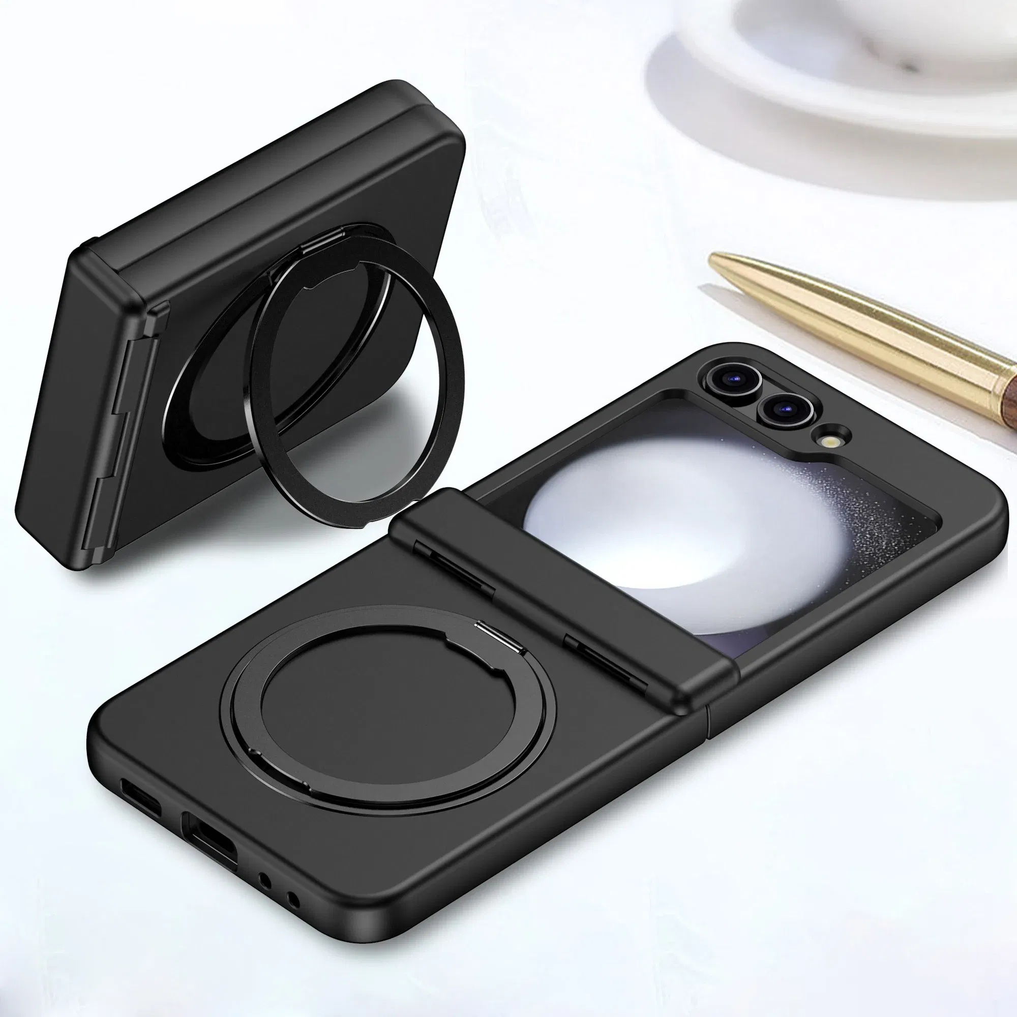 Color: Beige, Material: ABS - For Samsung Galaxy Z Flip5 Rotating 360?° Holder Phone case Magsafe Wireless charge 360 Degree Ring Magnetic stand Phone Covers