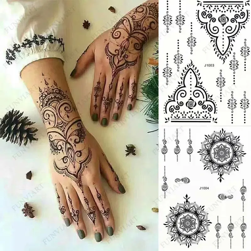 Color: DARK GRAY, Ships From: CHINA - Black Henna Temporary Tattoos for Women Lace Flower Mehndi Sticker for Hand Fake Henna Tattoo Sticker Body Art Hena Tatoo