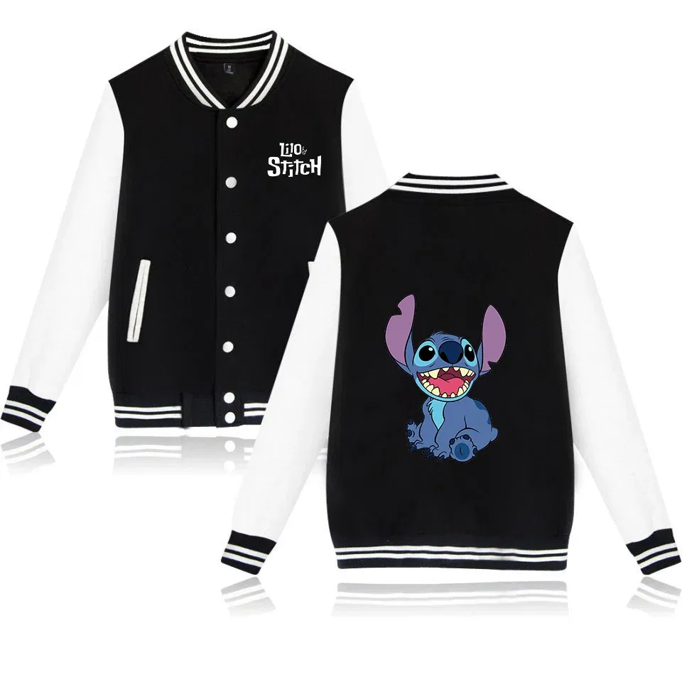 Color: army green, Size: XL - Lilo Stitch Baseball Jacket Men Women Hip Hop Harajuku Jackets Streetwear Kids Boys Girls Loose College Coats