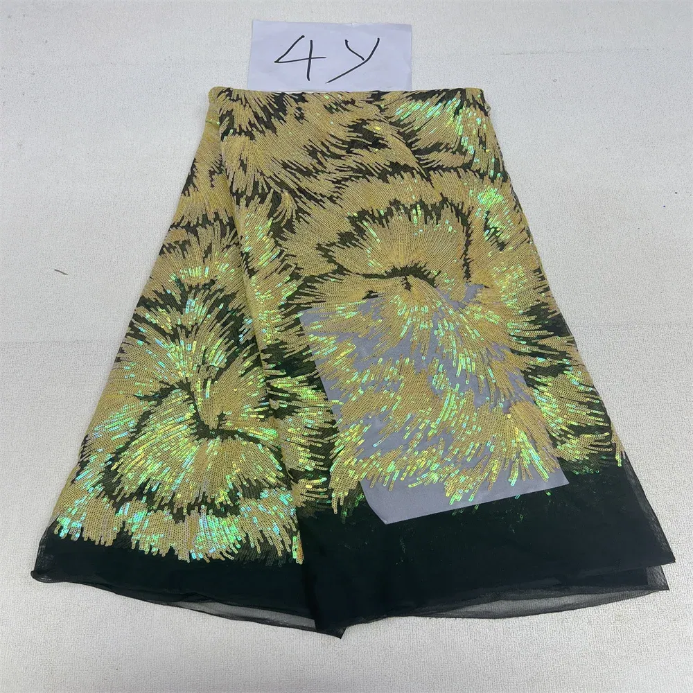 Color: Red, Length: 5 yards, Width: 120cm - 2025 African Nigerian Tulle Lace Fabric Sequins Sewing Guipure Beads Stone Embroidery Dresses High Quality 4 Yards