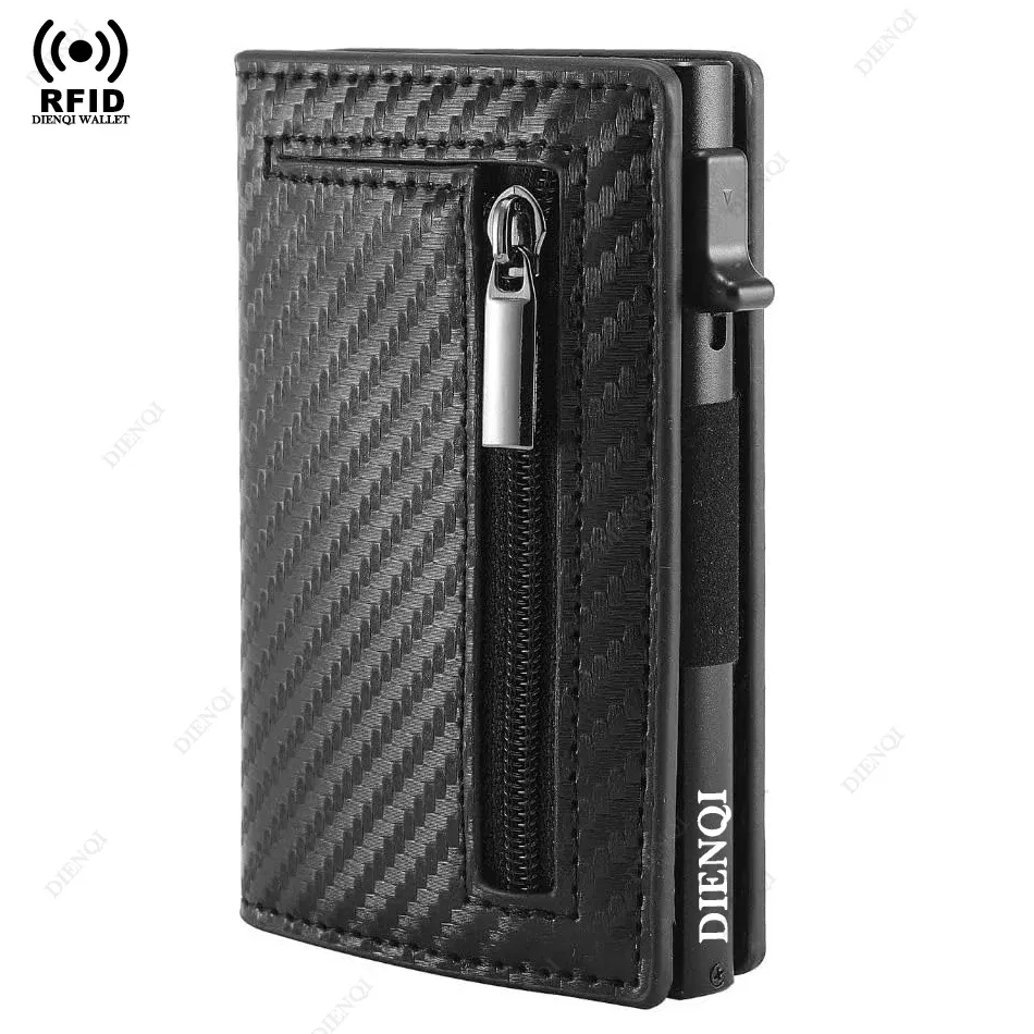 Color: Beige - RFID Blocker Minimalistic Men Wallet Business Credit Card Holder Carbon Fiber Leather Wallets Small Male Purse Cardholder Case