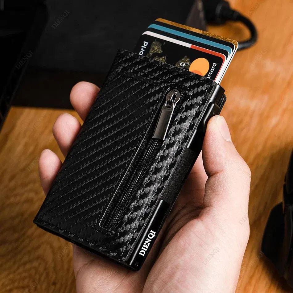 Color: Beige - RFID Blocker Minimalistic Men Wallet Business Credit Card Holder Carbon Fiber Leather Wallets Small Male Purse Cardholder Case