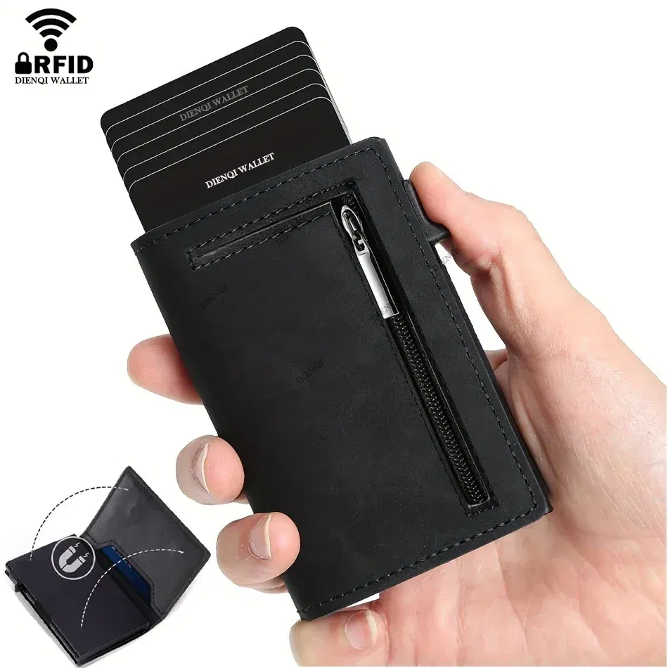 Color: Beige - RFID Blocker Minimalistic Men Wallet Business Credit Card Holder Carbon Fiber Leather Wallets Small Male Purse Cardholder Case