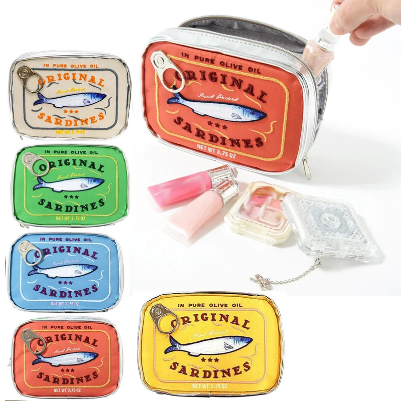 Color: Beige - Cute Cosmetic Bag Sardines Cans Shape Funny Packages Creative Portable Toiletry Bag Fashion Zipper Small Soft Makeup Bags