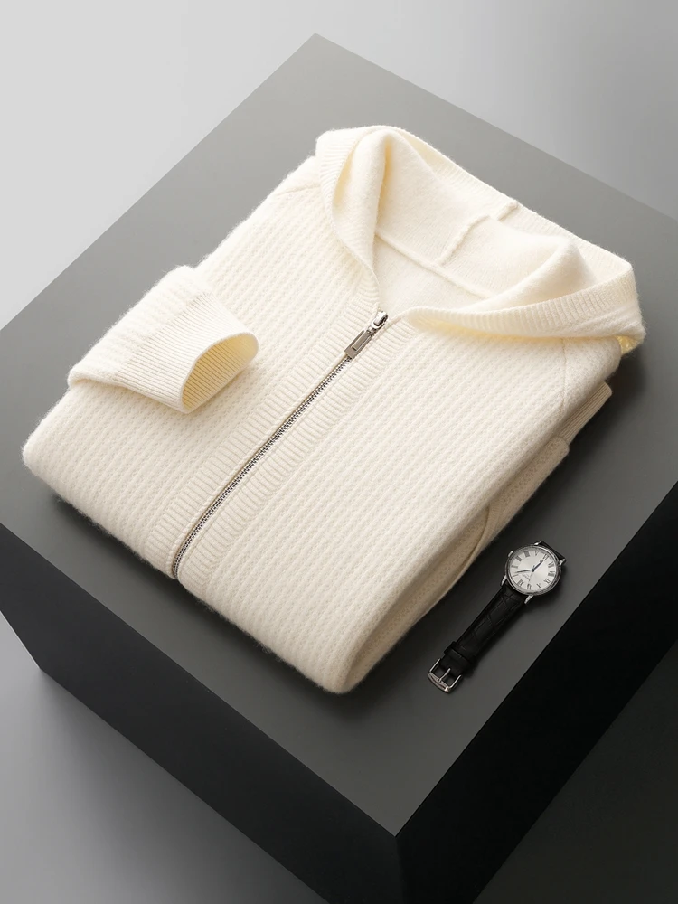 Color: WHITE, Size: XXL - Daily Clothes Autumn Winter Sweater Men's Coat 100% Merino Wool Sweater Cardigan Knitted Jacket Thicked Hooded Outerwears Trend