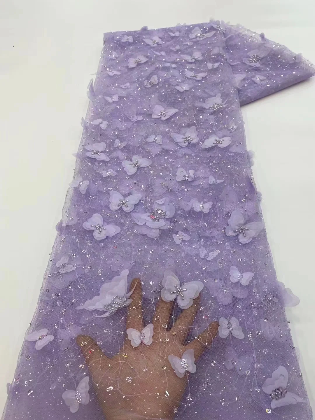 Color: pink, Length: 5 yards, Width: 120cm - African 3D Beaded Lace Fabric Luxury Bridal 2025 High Quality Nigerian Applique French Tulle Fabric For Wedding Sewing