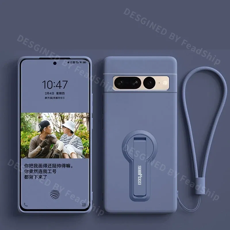 Color: SKY BLUE, Material: Plastic - Phone Case For Google Pixel 7 8 6 5 9 Pro XL Pixel 7A 6A 5A 8A 9A Soft Cover Silicone Case with Holder Stand Bracket Lanyard