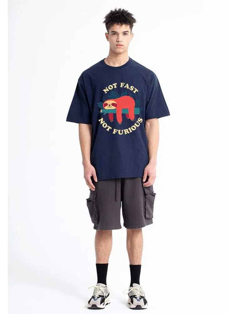 Color: Navy Blue, Size: M - Not Fast Not Furious Sloth Cute Print Men Tee Shirts Breathable Cotton Tops Street Fashion T-shirt Women Casual Summer T Shirts