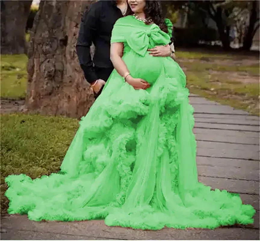 Color: light green, Maternity Size: 6, Ships From: CHINA - BIG BOW Tulle Ruffle maternity dresses photoshoot baby shower п?»?°?‚ь?µ д?»я ?±?µр?µм?µнн?‹?… فس?§تي?† ?