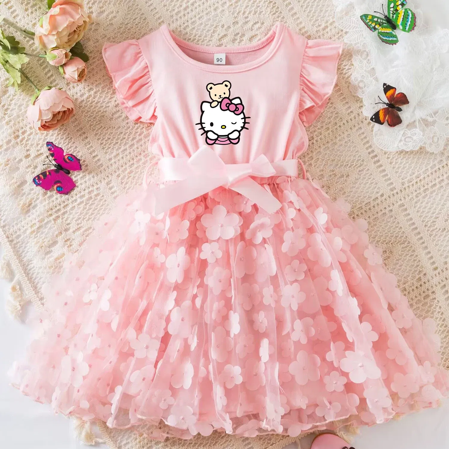 Color: black, Size: S - Hello Kitty Summer Dress for Kid's Casual Clothes 3D Butterfly Cute Baby Girls Princess Dress Party Dresses 2-6 Yrs