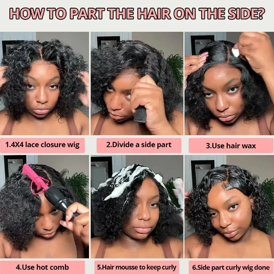 Hair Color: #4, Stretched Length: 8inches - 13X4 Glueless Water Wave Wigs Human Hair Pre Cut Bob Wig Ready To Go 180% Density 4x4 Water Wave Lace Closure Wigs Human Hair