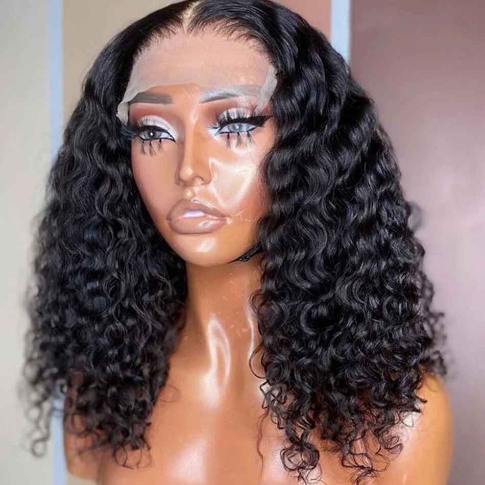 Hair Color: #4, Stretched Length: 8inches - 13X4 Glueless Water Wave Wigs Human Hair Pre Cut Bob Wig Ready To Go 180% Density 4x4 Water Wave Lace Closure Wigs Human Hair