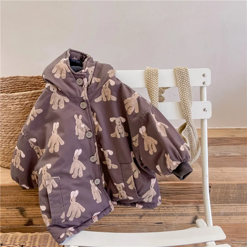 Color: Beige, Kid Size: 3T - Girls Coat 2025 Autumn and Winter New Children's Clothing Korean Wind Girl Baby Cotton Printed Down Jacket Casual Simple Daily