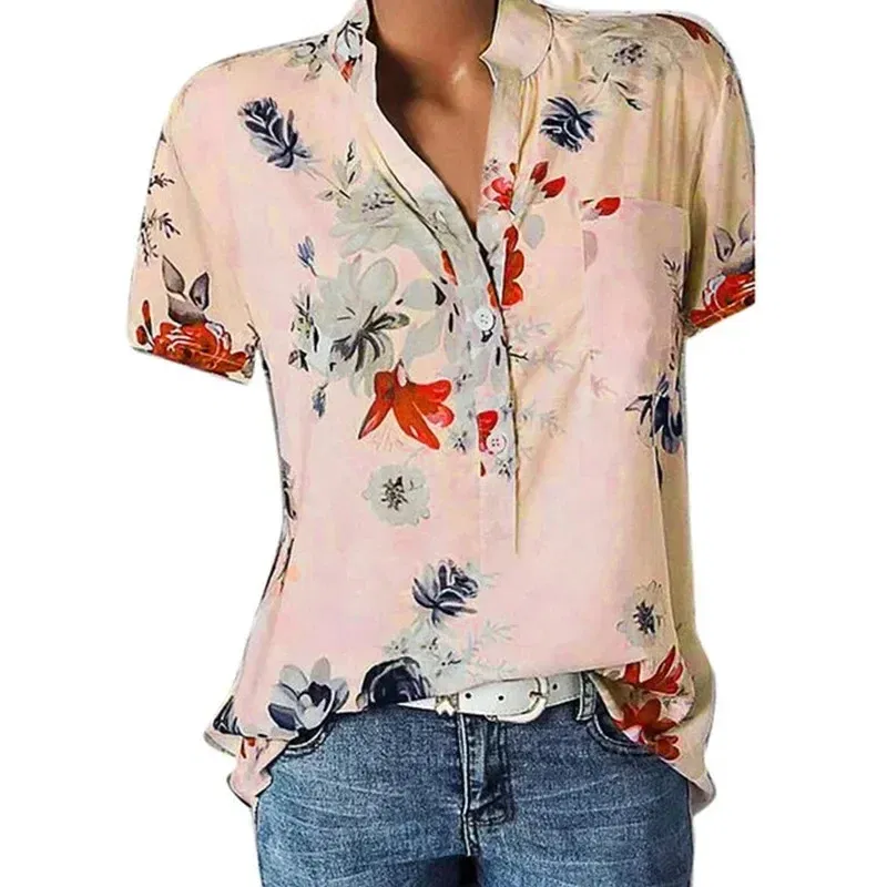 Color: Pink, Size: 5XL - Temperament new women's shirt printing large size casual shirt loose V-neck short-sleeved shirt blouse