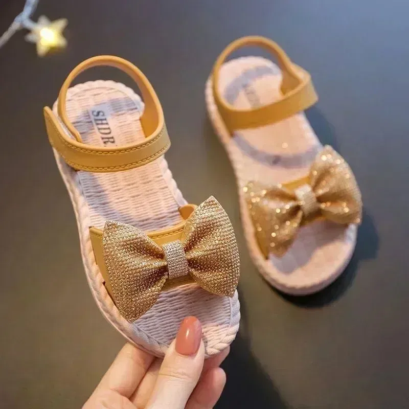 Color: black, Shoe Size: 1 - Girls Sandals 2024 Summer Princess Children Sandals Bow Tie Girl Shoes Fashion Casual Non Slip Kids Beach Shoes