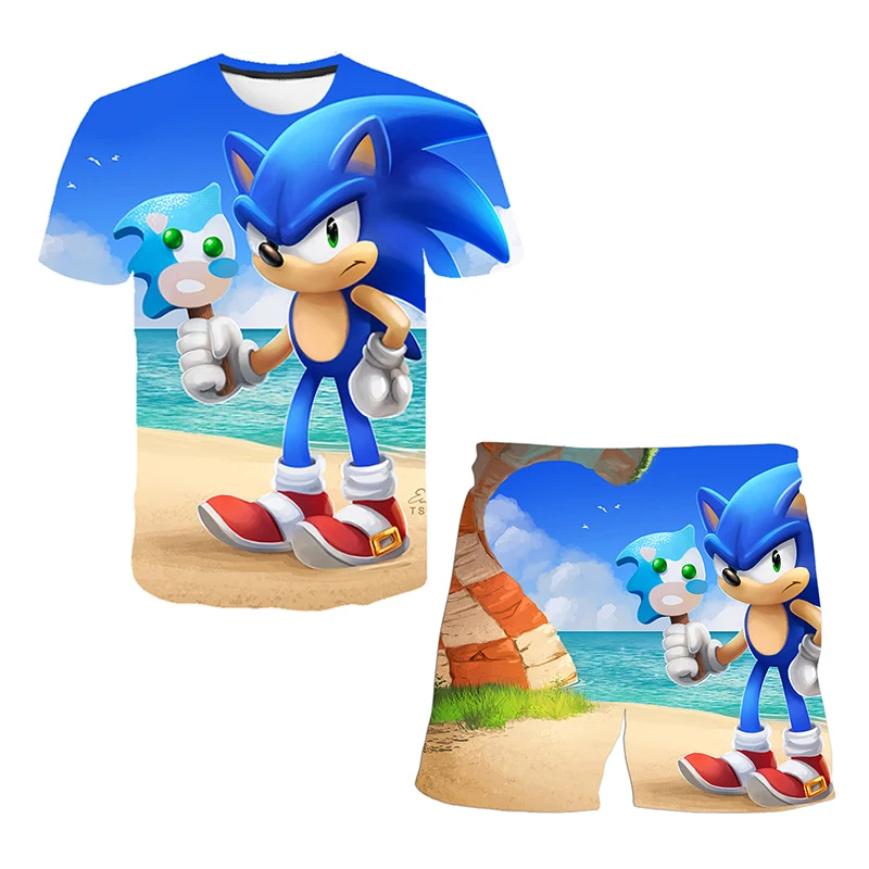 Color: MULTI, Size: 40cm - New Japanese cartoon Sonic T-shirt children's top T-shirt shorts two-piece set summer boy cartoon cute T-shirt+beach pants