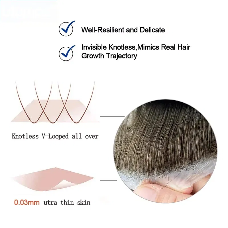 0.03 Ultra Thin Skin Toupee Undetectable Men's Capillary Prosthesis Realistic Wig Man Human Hair Microskin Hair System For Men