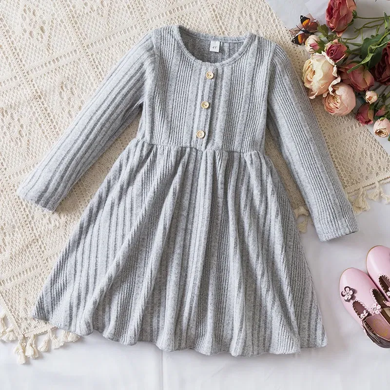 Color: GRAY, Kid Size: 5 - Autumn and Winter Girls Knitted Sweater Dress Solid Color Soft Long Sleeve Dress Children Christmas Costume Birthday Casual Wear