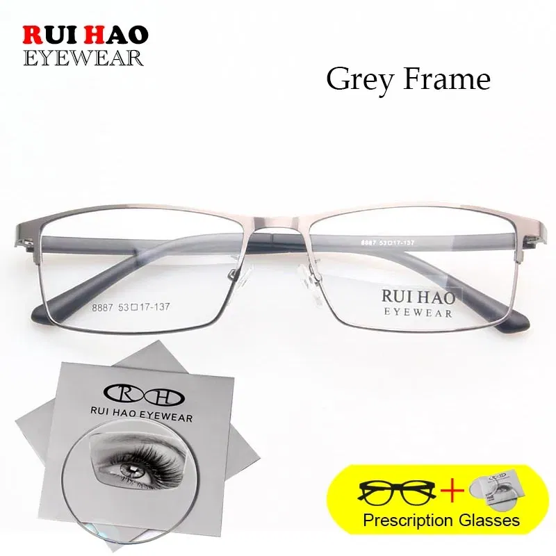 Frame Color: GRAY, Lens Function: Anti Blue Ray + Photo Grey, Lens Index: 1.67, Prescription Type: Progressive - Rui Hao Eyewear Prescription Glasses Rectangle Leisure Customize Spectacles Full Rimless Eyeglasses Fill Recipe Lenses 8887