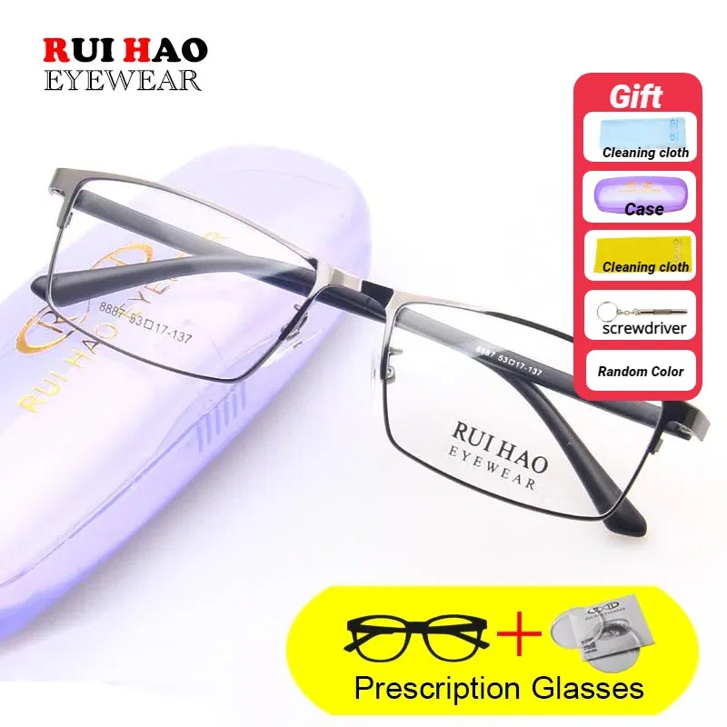 Frame Color: GRAY, Lens Function: Anti Blue Ray + Photo Grey, Lens Index: 1.67, Prescription Type: Progressive - Rui Hao Eyewear Prescription Glasses Rectangle Leisure Customize Spectacles Full Rimless Eyeglasses Fill Recipe Lenses 8887