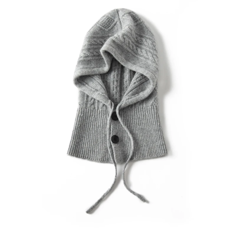 Color: LIGHT GRAY, Size: One Size - 100%Quality Cashmere Balaclava Cap Women Warm Ring Scarf Beanie Hat Adjustable Elastic Windproof Hooded Neck Collar Knitted Hat
