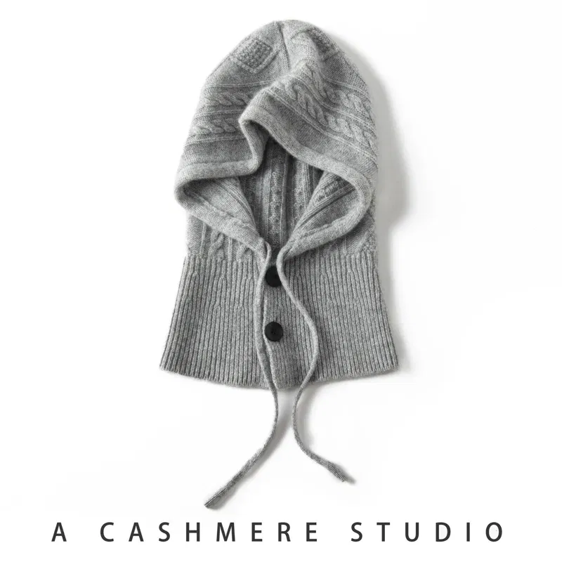 Color: LIGHT GRAY, Size: One Size - 100%Quality Cashmere Balaclava Cap Women Warm Ring Scarf Beanie Hat Adjustable Elastic Windproof Hooded Neck Collar Knitted Hat
