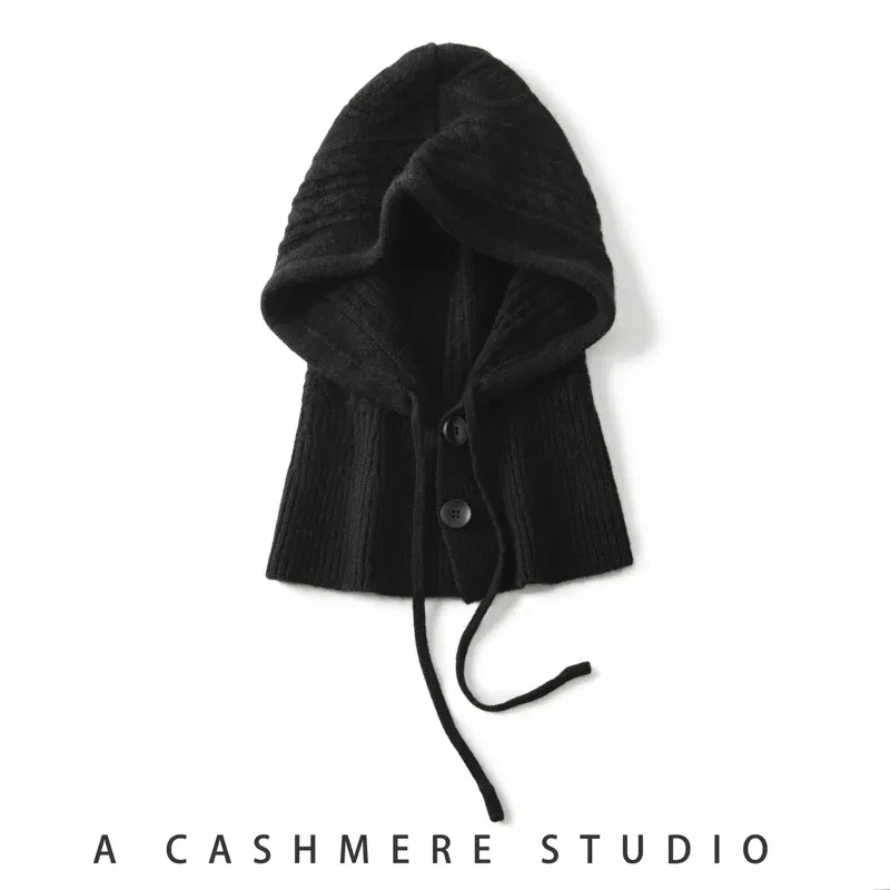 Color: LIGHT GRAY, Size: One Size - 100%Quality Cashmere Balaclava Cap Women Warm Ring Scarf Beanie Hat Adjustable Elastic Windproof Hooded Neck Collar Knitted Hat