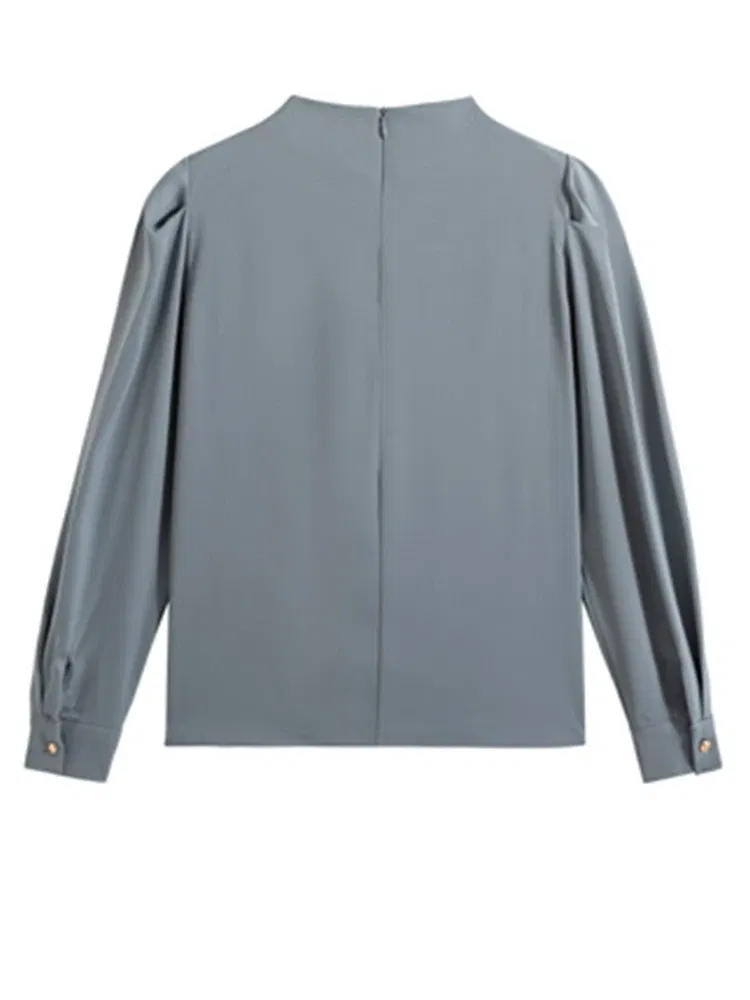 Color: SKY BLUE, Size: XL, Ships From: CHINA - Spring Autumn Elegant Office Women Shirt Mujer Chic Satin Formal Lantern Sleeve Blouse Tops Loose Pullover Jumper Street Clothes