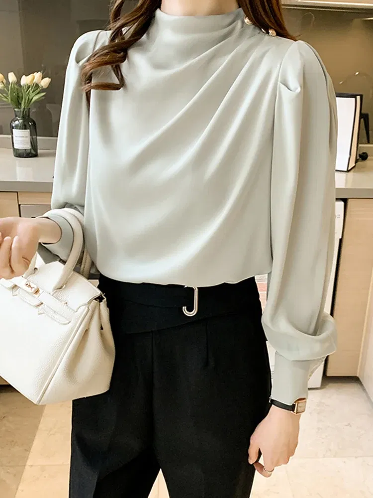 Color: SKY BLUE, Size: XL, Ships From: CHINA - Spring Autumn Elegant Office Women Shirt Mujer Chic Satin Formal Lantern Sleeve Blouse Tops Loose Pullover Jumper Street Clothes