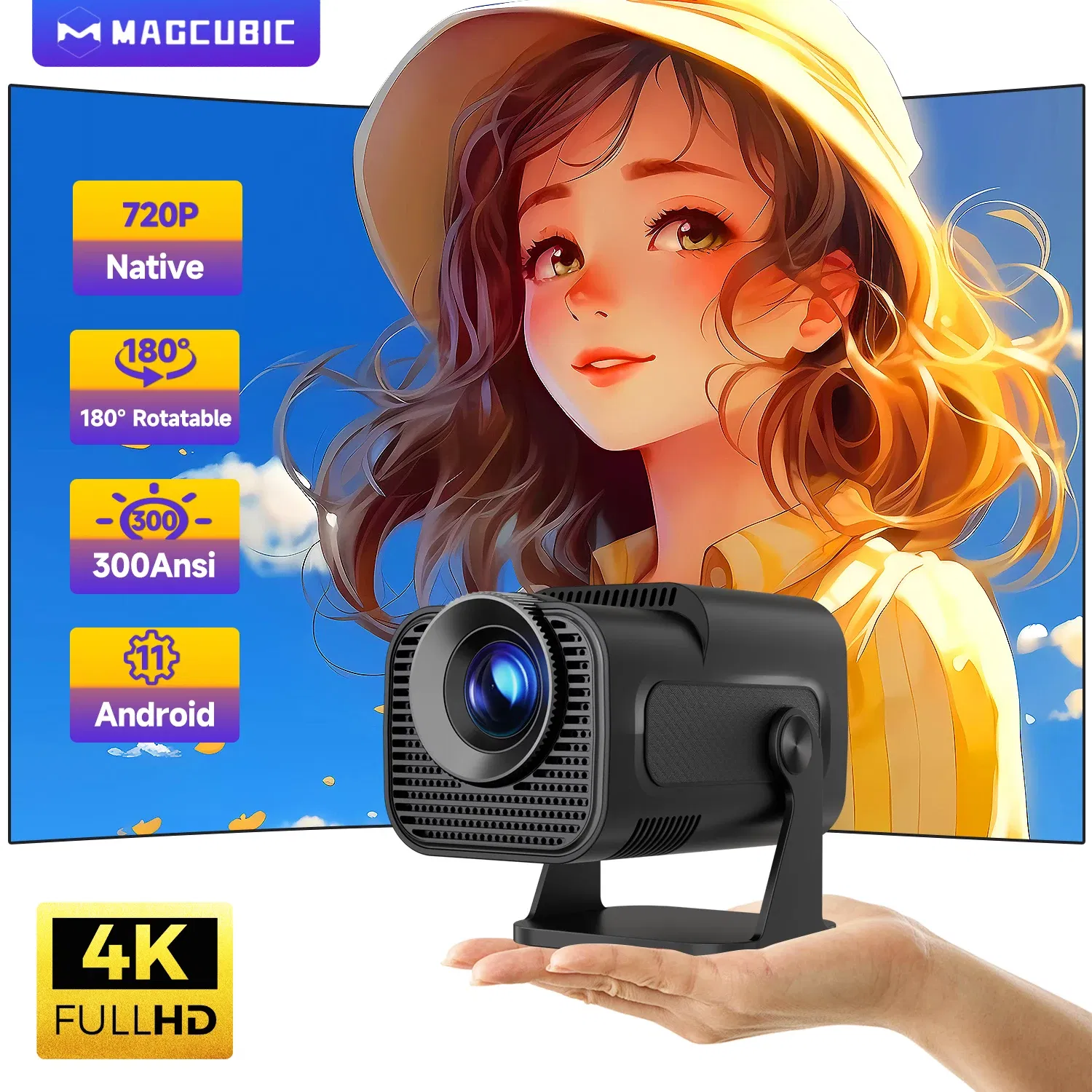 Color: color1, Plug Type: UK Plug - Magcubic HY320 Mini Newly Native 720P Android 11 4K Projector 300ANSI Wifi6 BT5.0 Cinema Outdoor Portable 180?° Rotable Projector