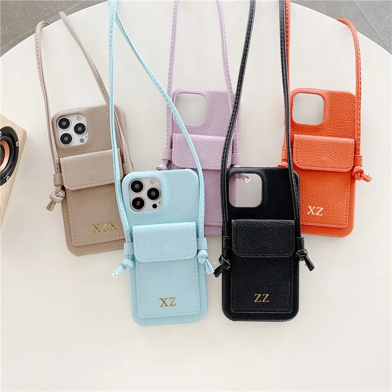 Color: SKY BLUE, Material: Vinyl - Personalized Gold Silver Letters Leather PU Card Holder Lanyard Hard Case For iPhone 14 13 12 11 15 Pro Max XS XR 16  Plus Cover