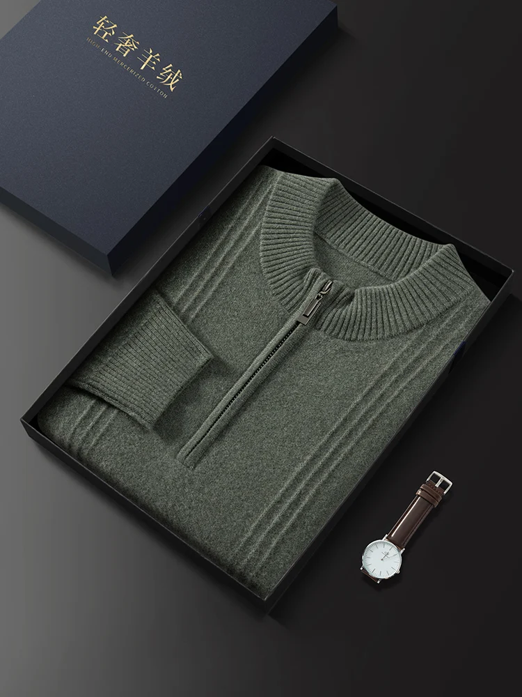 Color: Khaki, Size: XXL - Men's Sweater Pullover Autumn Winter Sweater Warm Clothing 100% Cashmere Business Long Sleeve Classic Quality Mock Neck Knit Top