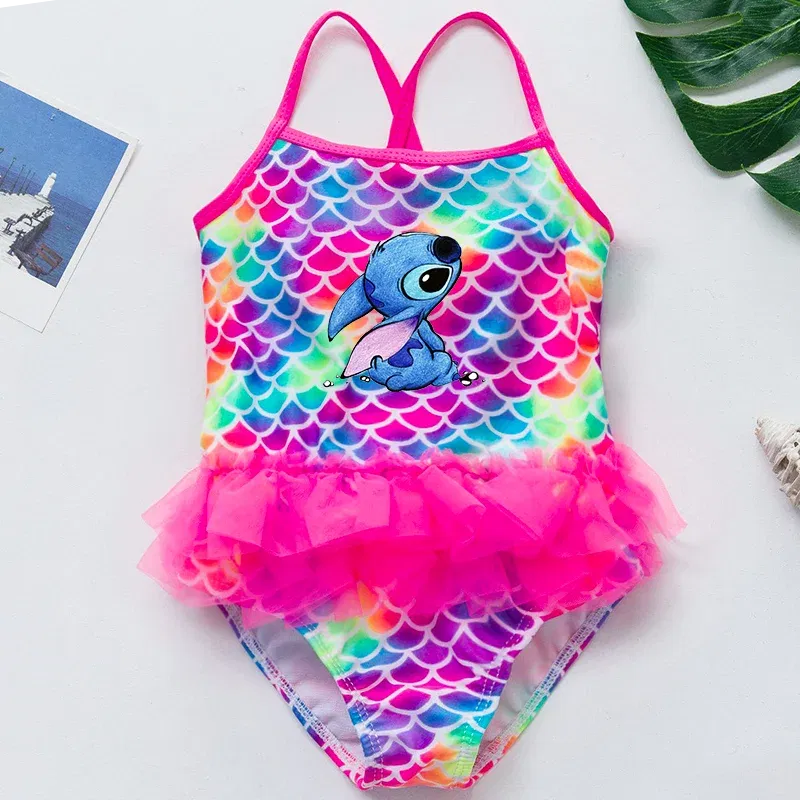 Color: army green, Kid Size: 9M - Lilo Stitch Girl Swimsuit Summer One-Piece Swimwear Beachwear Pool Mermaid Fish Scale Print Bikini Bathing Outfit Swimming Wear