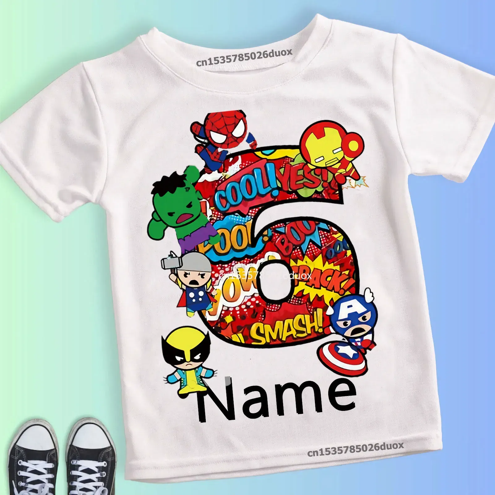 Color: Blue, Kid Size: 5T - Summer 2024 3 4 5 6 7 8 9 Marvel SuperHero Birthday Girl Short Sleeved T-shirt The Avengers Personalize Name Birthday Boy Shirt