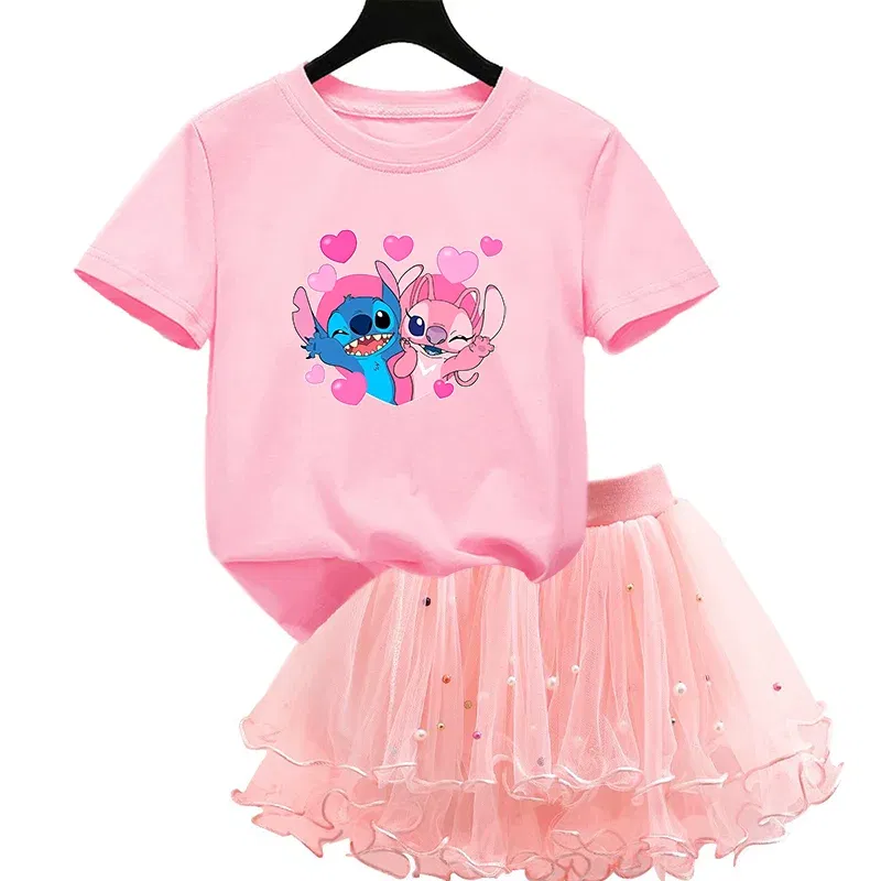 Color: MULTI, Kid Size: 5 - 2pcs Lilo Stitch Summer Girls Outfits Cartoon T-shirt and Tutu Skirt Princess Clothes Suit Children Birthday Clothing Sets