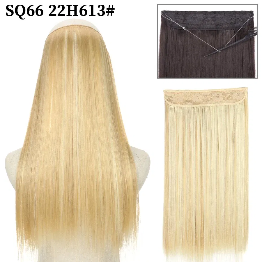 Color: #26, Stretched Length: 32inches, Ships From: CHINA - Synthetic Natural Wavy No Clip Fish Line Invisible Hair Extensions Mixed Color Blonde Black Artificial False Hair Piece ForWomen