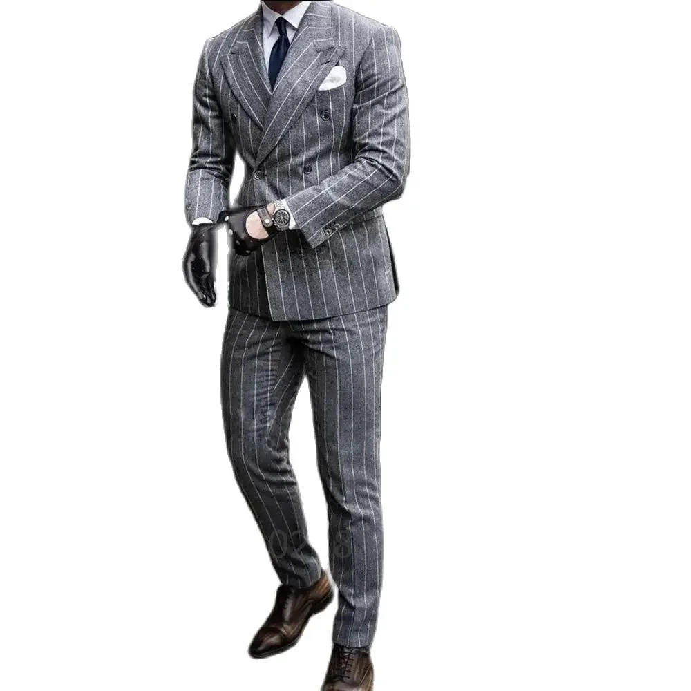 Color: GRAY, Size: L - 2 Pieces Classic Men's Suit Formal Striped Wedding Suit Business Groom Prom Fashion Double Breasted Casual Slim Fit Blazer Pants