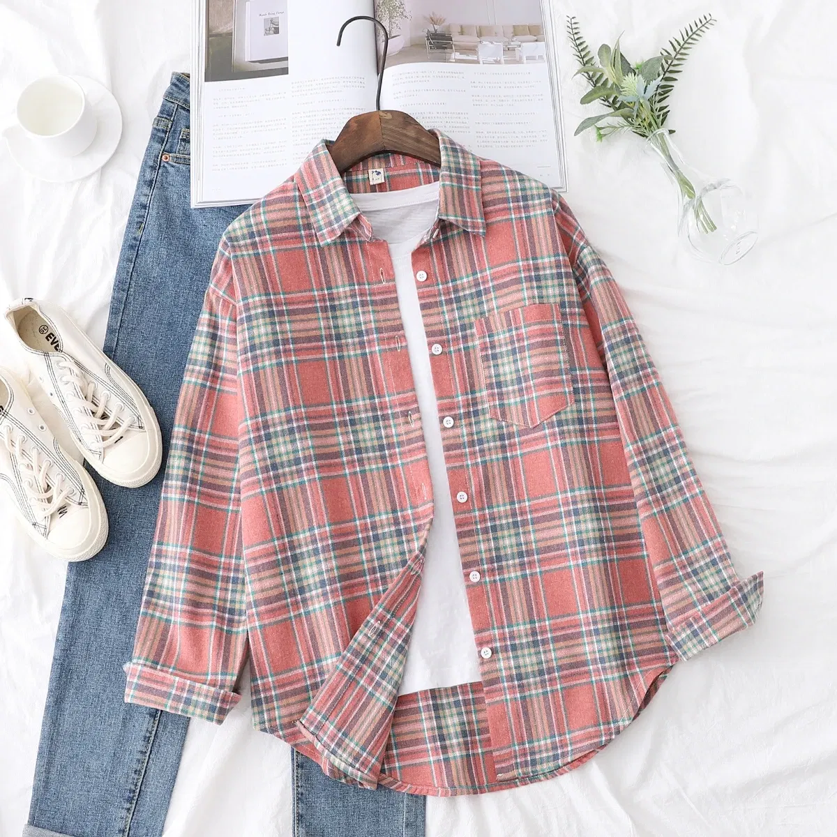 Color: Chocolate, Size: S - Fresh Flannel Plaid Shirt Women 2025 New Female Blouses and Tops Cotton Loose Long Sleeve Casual Shirts Fine Women's Clothes