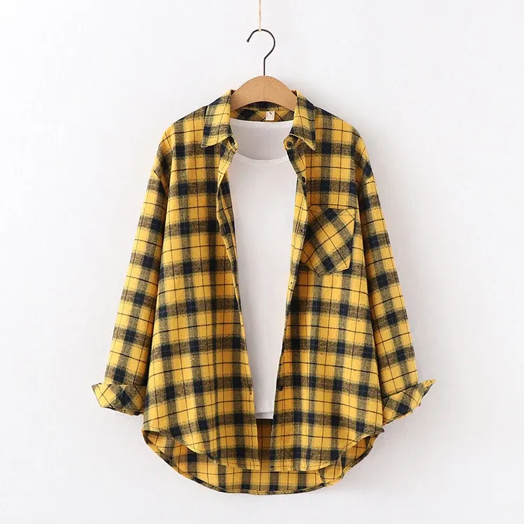 Color: Chocolate, Size: S - Fresh Flannel Plaid Shirt Women 2025 New Female Blouses and Tops Cotton Loose Long Sleeve Casual Shirts Fine Women's Clothes