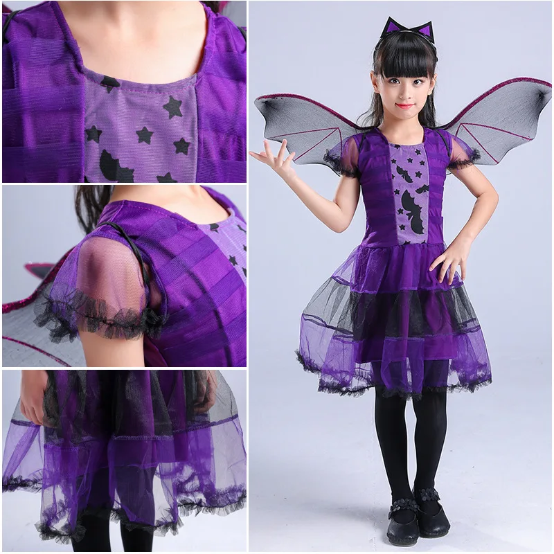Kid Size: 14, Color: Khaki - Halloween Children Purple Vampire Costume Girls Dress Kids Clothes Baby Bat Spider Party Cosplay Headband +Wing Outfit