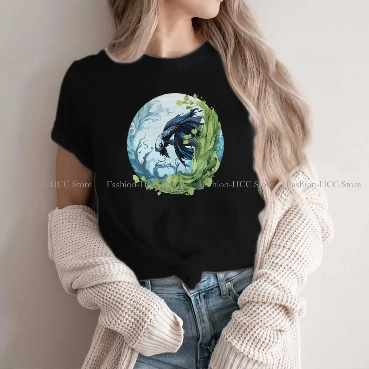 Color: black, Size: L - Betta In A Bubble Hip Hop Polyester TShirt Fish Funny Cartoon Style Tops Leisure T Shirt Female Short Sleeve