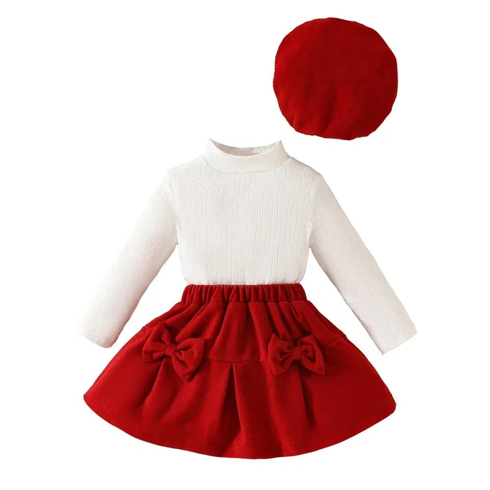 Color: PURPLE, Kid Size: 18M - Baby Girls Clothes New Year Set 0-3Y Long Sleeve Big Bow Top Irregular Skirt and Beret 3Pcs Toddler Christmas Clothes