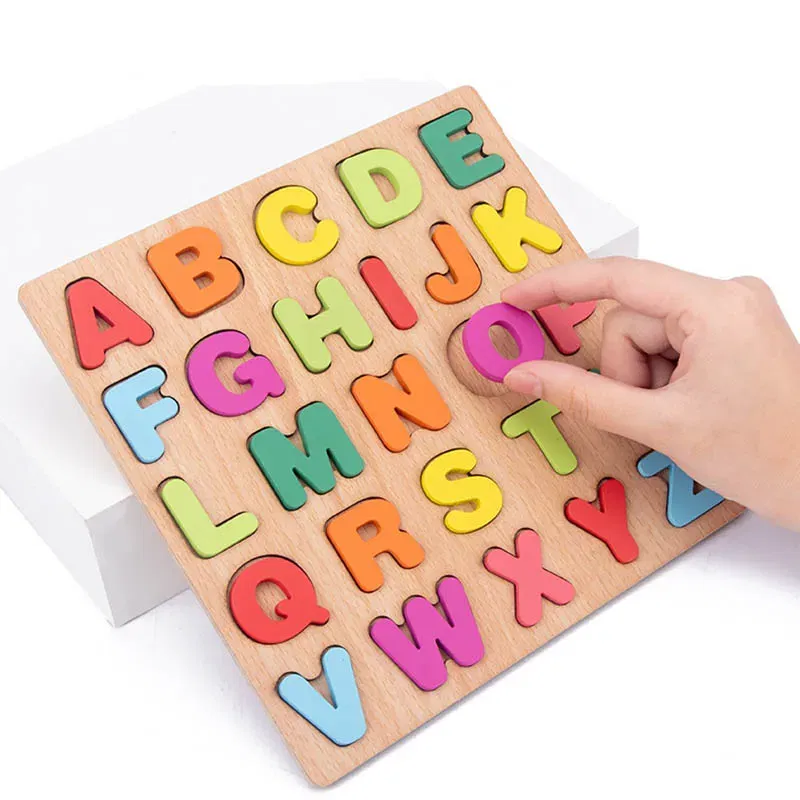 Color: Pink - Baby Wooden Puzzles Montessori Toys 1 2 Years Toddler Toys Hand Grab Board Alphabet Number Cognition Learning Educational Toys