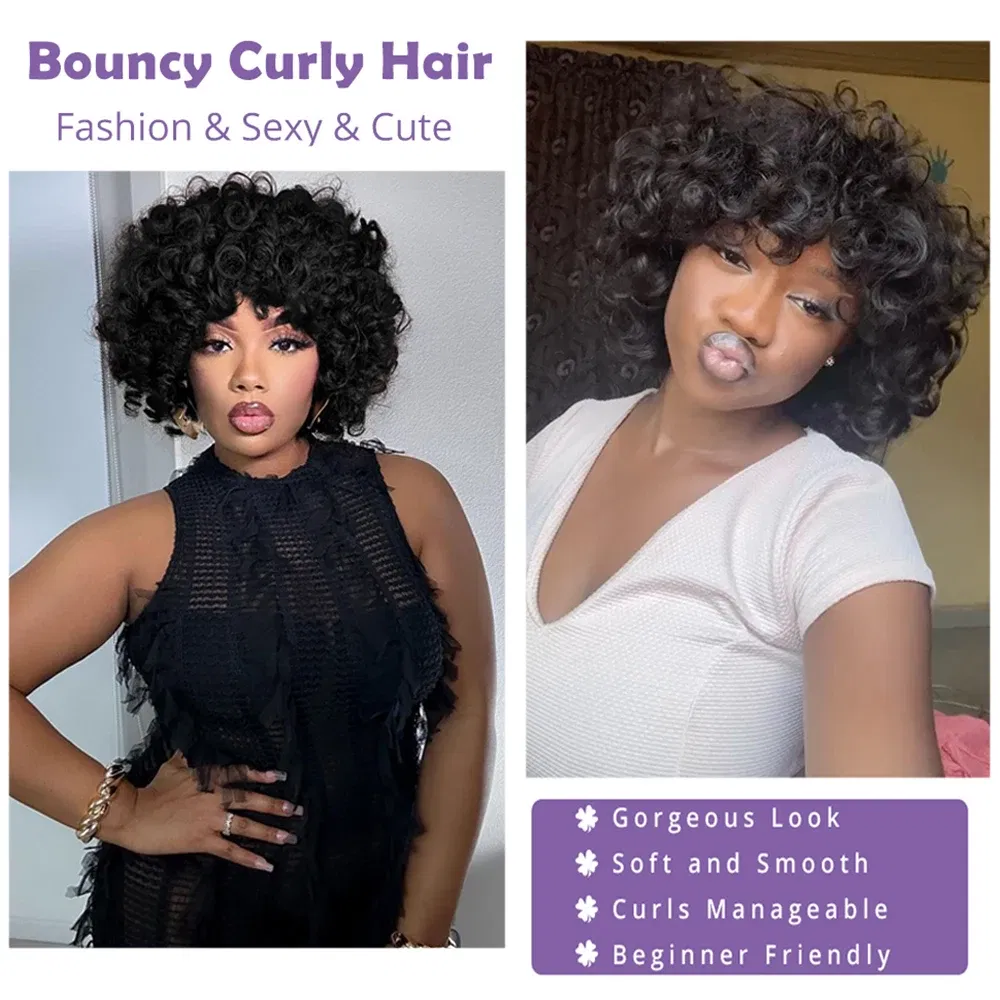 Hair Color: LYD1B/99J, Ships From: CHINA, Stretched Length: 14inches, Density: 150% - Afro Rose Curly Funmi Wigs with Bang Short Bouncy Curly Bob Wig With Bangs Machine Made Rose Curl Human Hair Wig For Black Women
