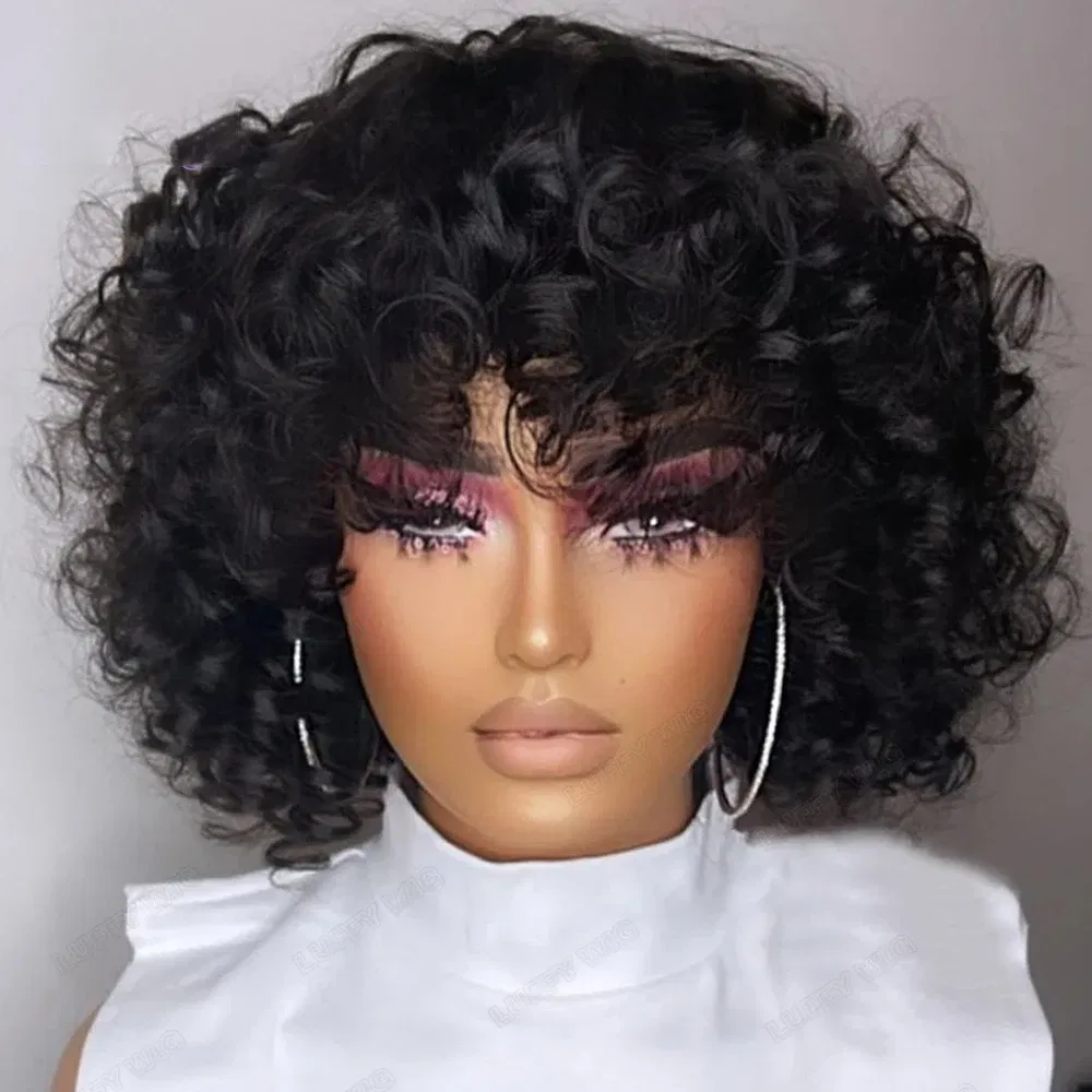 Hair Color: LYD1B/99J, Ships From: CHINA, Stretched Length: 14inches, Density: 150% - Afro Rose Curly Funmi Wigs with Bang Short Bouncy Curly Bob Wig With Bangs Machine Made Rose Curl Human Hair Wig For Black Women
