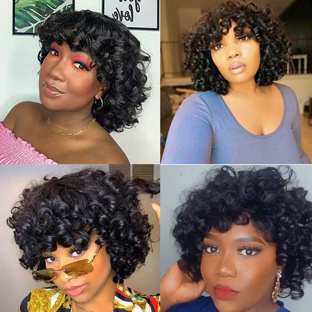 Hair Color: LYD1B/99J, Ships From: CHINA, Stretched Length: 14inches, Density: 150% - Afro Rose Curly Funmi Wigs with Bang Short Bouncy Curly Bob Wig With Bangs Machine Made Rose Curl Human Hair Wig For Black Women