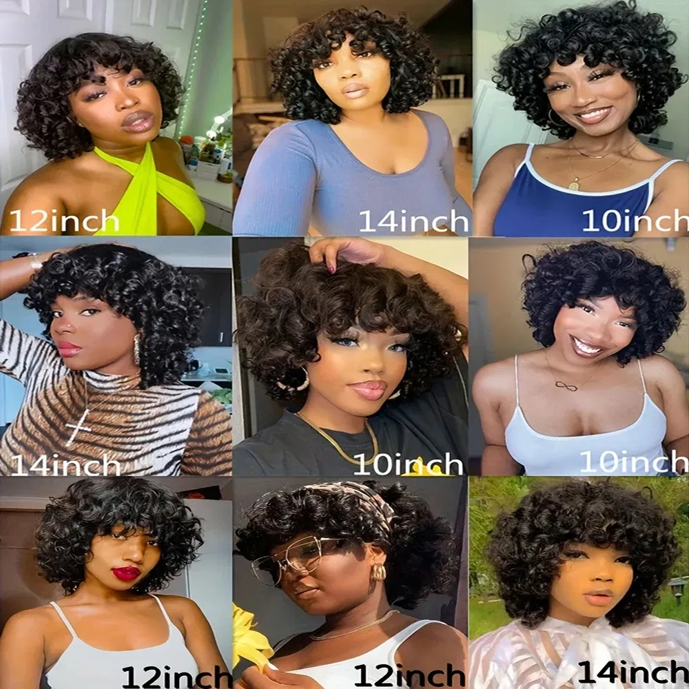 Hair Color: LYD1B/99J, Ships From: CHINA, Stretched Length: 14inches, Density: 150% - Afro Rose Curly Funmi Wigs with Bang Short Bouncy Curly Bob Wig With Bangs Machine Made Rose Curl Human Hair Wig For Black Women