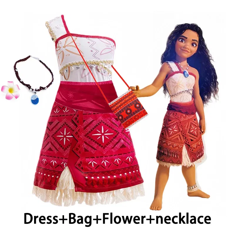 Color: Khaki, Kid Size: 16 - Disney Movie Moana 2 Girl Dress Cosplay Party Costume Ocean Adventure Princess Fancy Clothes Children Vaiana Outfit Dress